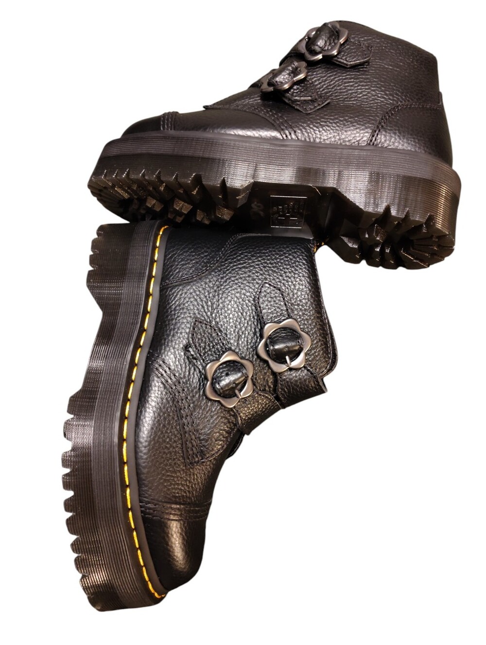 Dr. Martens. Flower Black Devon Platform Boots, Flower Silver Buckle, Size 8,NWT